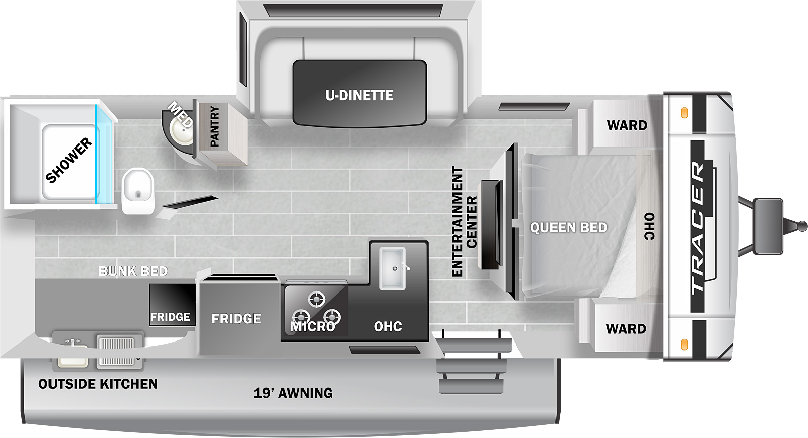 The Tracer 24DBS floorplan has one entry door, a 19 foot power awning, an outside kitchen with a sink and grill, and one slideout. The entry door leads to the living area on the left and the bedroom on the right. Directly to the left of the entry door is an L-shaped counter top with a sink and stove. A microwave is above the stove. Overhead storage is above the countertop to the right of the microwave. To the left of the countertop is a refrigerator. Bunk beds are in the rear door side corner of the RV. The rear off door corner has a door leading to the bathroom. The bathroom has a toilet, shower, and sink with a medicine cabinet above. Directly to the right of the bathroom, on the off door side, is a pantry. The living area slideout is on the off door side and has a U-dinette. The front wall of the living area has an entertainment center. Sliding doors are on the left and right of the entertainment center. The sliding doors both lead to the bedroom. The bedroom has a queen bed with a wardrobe and night stand on the right and left and overhead storage above.