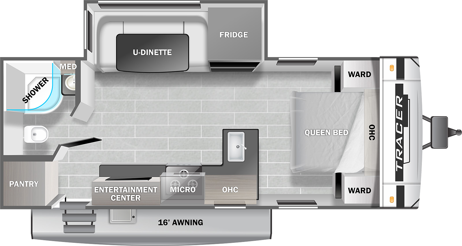 The Tracer 22RBS floorplan has one entry door, an outside grill, a 16 foot power awning, and one slideout. The entry door is toward the rear of the RV. To the left of the entry door is a pantry. The rear off door corner has a door leading to the bathroom. The bathroom has a toilet, shower, and sink with a medicine cabinet above. The living area slideout is on the off door side to the right of the bathroom. It has a U-dinette and a refrigerator. To the right of the slideout, in the front of the RV is the bedroom area. The bedroom has a queen bed with a wardrobe and night stand on the right and left and overhead storage above. On the door side of the RV, opposite the slideout area is an L-shaped counter top with a sink and stove. A microwave is above the stove. Overhead storage is above the countertop to the right and left of the microwave. To the left of the kitchen counter top is an entertainment center. The entertainment center is directly to the right of the entry door.
