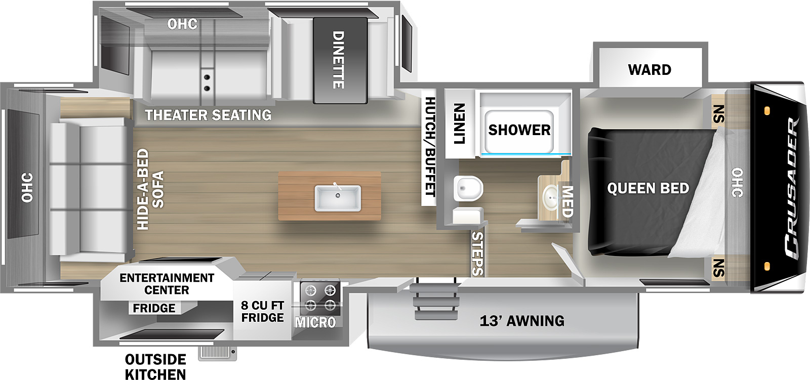 The Crusader Lite 29RS has one entry door, a 13' awning, and three slideouts, two on the off-door side and one on the door side. The front of the unit is a bedroom with a queen bed that has nightstands and room to stand on either side of the bed. There are cabinets mounted over the head of the bed and there is a wardrobe slideout. Exiting the bedroom door is a hallway that goes down two steps into the main living area. On the right of the hallway is a bathroom with shower, sink and medicine cabinet, linen closet, and commode. Standing at the base of the stairs, you have a hutch and buffet on your right. A butcher block kitchen island with sink is located near the center of the room. On the right is a slide room with a booth dinette, theater seating, and overhead cabinets. The left wall is another slide room containing a stovetop and oven and 8 cubic foot refrigerator, with cabinets and a microwave mounted overhead. There is an entertainment center next to the refrigerator that faces the theater seating on the opposite wall. The rear wall of the unit is taken up by a hide-a-bed sofa with overhead cabinets mounted above.