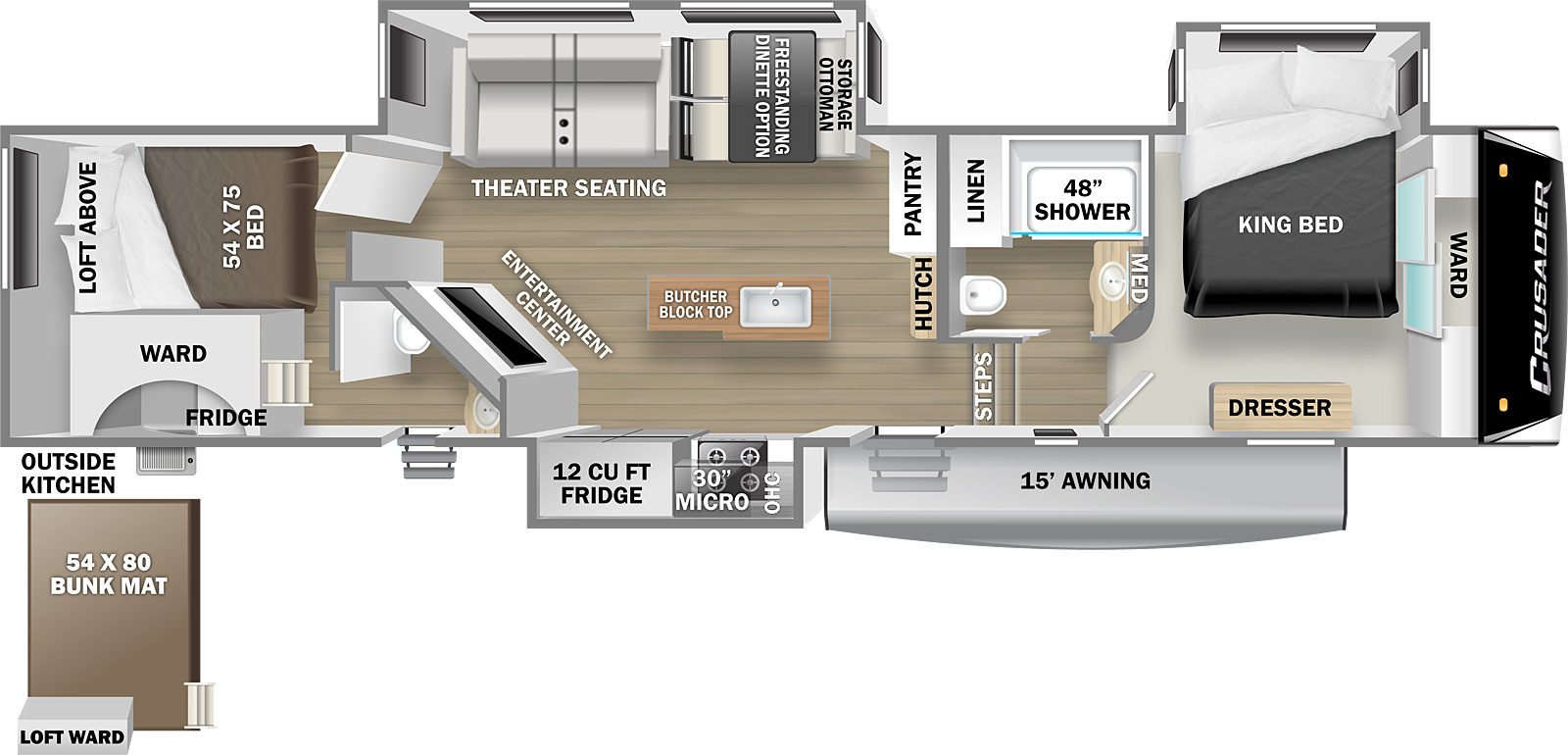 Crusader 395BHL floorplan. The 395BHL has 3 slide outs and two plus entry doors.