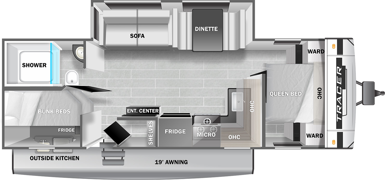 Tracer 27BHS floorplan. The 27BHS has one slide out and one entry door.