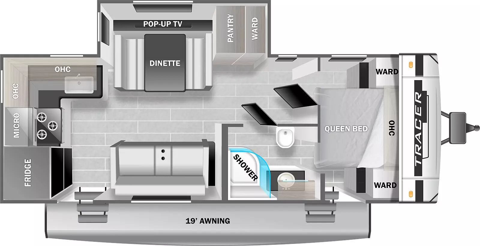 The Tracer 24RKS floorplan has two entry doors, a 19 foot power awning, and one slideout. The living area entry door is located near the rear of the RV. The rear of the RV has a refrigerator in the rear door side corner and an L-shaped counter top in the rear off door side corner. The countertop has a stove and a sink. The stove has a microwave above and overhead storage above the countertop and sink. The living area slideout has a booth dinette with a pop-up TV behind it. To the right of the dinette are a pantry and wardrobe. To the right of the pantry an wardrobe is a door leading to the front bedroom area. Directly a cross from the pantry and wardrobe is a door leading to the bathroom. The bathroom has a shower, a sink with a medicine cabinet above, a door leading to the bedroom, and a toilet. An entry door leads directly into the bedroom. The bedroom has a queen bed with a wardrobe and night stand on the right and left and overhead storage above.