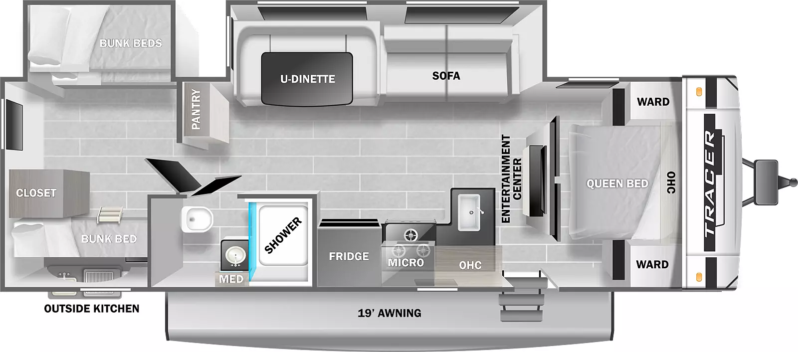The Tracer 31BHD floorplan has one entry door, a 19 foot power awning, an outside kitchen with a sink and a grill, and two slideouts. The entry door leads to the front bedroom on the right and a living area on the left. Directly to the left of the entry door is an L-shaped counter top with a sink and stove. A microwave is above the stove. Overhead storage is above the countertop to the right of the microwave. To the left of the countertop is a refrigerator. The rear wall of the living area leads to a bunk room in the rear of the RV. The bunk room has bunk beds with a ladder on the door side. It has a closet to the right of the bunk beds. The room has a slideout on the off door side with bunk beds. The front of the bunk room has a door in the middle. The door leads to a bathroom door on the right and the living area on the left. The bathroom has a toilet, a sink with a medicine cabinet above and a shower. Back in the living area, the rear off door corner has a pantry. The off door side slideout is to the right of the pantry. The slideout has a U-dinette and a sofa. The front wall of the living area has an entertainment center. Sliding doors are on the left and right of the entertainment center. The sliding doors both lead to the bedroom. The bedroom has a queen bed with a wardrobe and night stand on the right and left and overhead storage above.