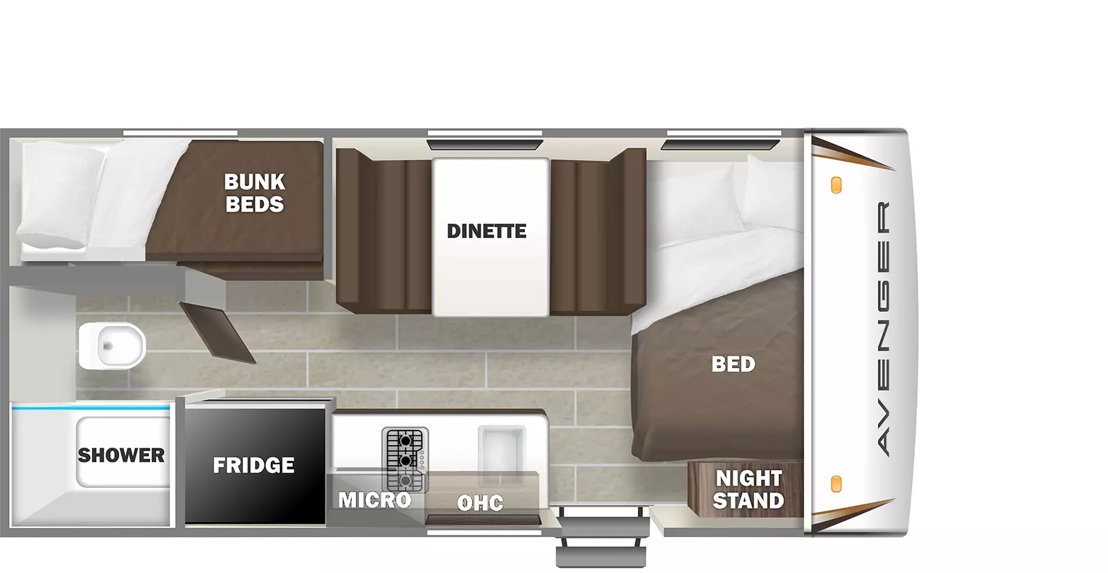 The Avenger LT 16BH RV floorplan is 20 feet seven inches long. It has one entry door. The entry door leads to the bed and nightstand on the right a booth dinette straight ahead and a kitchen area to the left. The kitchen area has a countertop and a fridge. The countertop has a stove with a microwave above and a sink with overhead storage above. The rear off door corner of the RV has bunk beds. The rear center of the RV has a bathroom with a shower and a toilet.