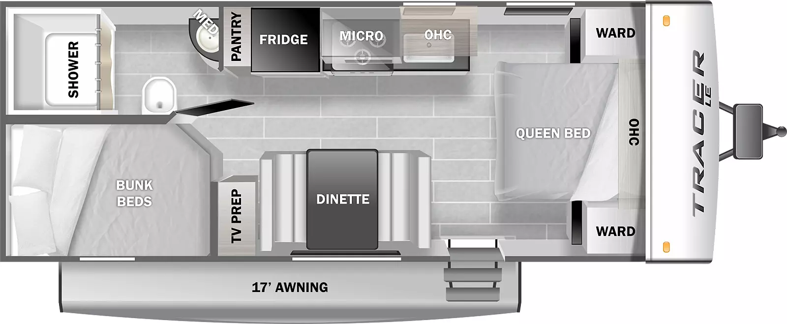 The Tracer LE 200BHSLE floorplan has one entry door and a 17 foot power awning. To the left of the entry door is a booth dinette, left of the dinette is a TV prep area. Bunk beds are in the rear door side corner of the RV. A door leading to the bathroom is in the rear off door corner. The bathroom has a toilet, shower, and sink with a medicine cabinet above. The off door side of the RV has a pantry a refrigerator, and a counter top. The counter top has a stove and a sink. A microwave is above the stove and overhead storage is above the sink. A queen bed is in the front of the RV. A wardrobe and night stand are on the left and right sides of the bed and overhead storage is above it.