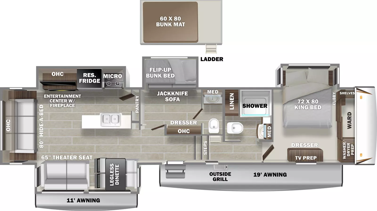 The Sanibel 3902WB floorplan has one entry door, four slideouts, and two electric power awnings. The rear awning is 11 feet. The front awning is 19 feet. There is also an outside grill on the door side, to the right of the entry door. The Entry door leads to a hallway with steps on the right, on the left it leads to a living room. Through the entry door and slightly to the left is a door leading to a bunk room. The bunk room has a slideout with a flip up bunk bed and a jackknife sofa. The front of the room has a door leading to a bathroom. The bathroom has a toilet and a sink with a medicine cabinet above. Back in the bunk room, the door side has a dresser with overhead storage above and a door leading back to the entry hallway. In the rear area of the RV, to the left of the entry door is a living area. The door side slideout has a table with two chairs and a booth. Also in the slideout is a hide-a-bed sofa. The rear of the RV is a sofa with theater style seating, end tables on either side, and overhead storage above. The off door slide out has a an entertainment center with an electric fireplace below and overhead storage above. It also has a refrigerator and a stove with a microwave above. The front end of the kitchen area has a pantry. A counter top with a sink runs perpendicular from the kitchen area front wall. Back at the entry door to the right is a hallway. On the left is a ladder leading to a loft with a bunk matt. Further down the hallway to the left is a door leadi