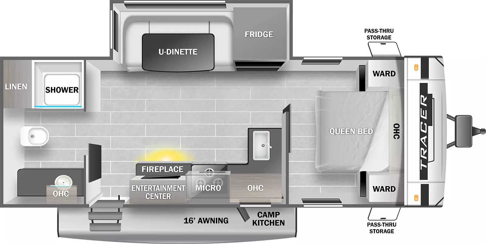 The Tracer 23RBS floorplan has one entry door, one slideout on the off door side, a camp kitchen, front passthrough storage, and a sixteen foot awning. Interior layout from front to back: front queen bed with wardrobes on either side and overhead cabinets; exit bedroom on off-door side to slideout with refrigerator and u-dinette; door side kitchen with l-shape countertop with sink, stove, overhead cabinets, microwave, entertainment center and fireplace below next to the entry steps; rear bathroom with shower, linen closet, sink, overhead cabinet and commode.