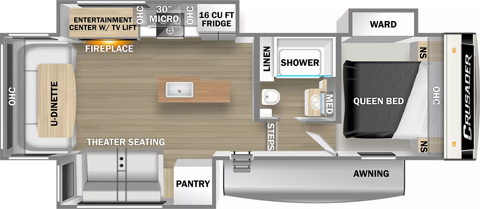 The 260RDD has three slideouts and one entry door. Exterior features an awning. Interior layout front to back: front queen bed with overhead cabinets and night stands on each side, and and off-door side wardrobe slideout; off-door side bathroom with linen closet and medicine cabinet; two steps down to the entry door and living area; off-door side slideout with 16 cubic foot refrigerator, overhead cabinets, microwave, cooktop, entertainment center with TV lift and fireplace below; door side slideout with pantry and theater seating; kitchen island with sink; rear u-dinette with overhead cabinets.