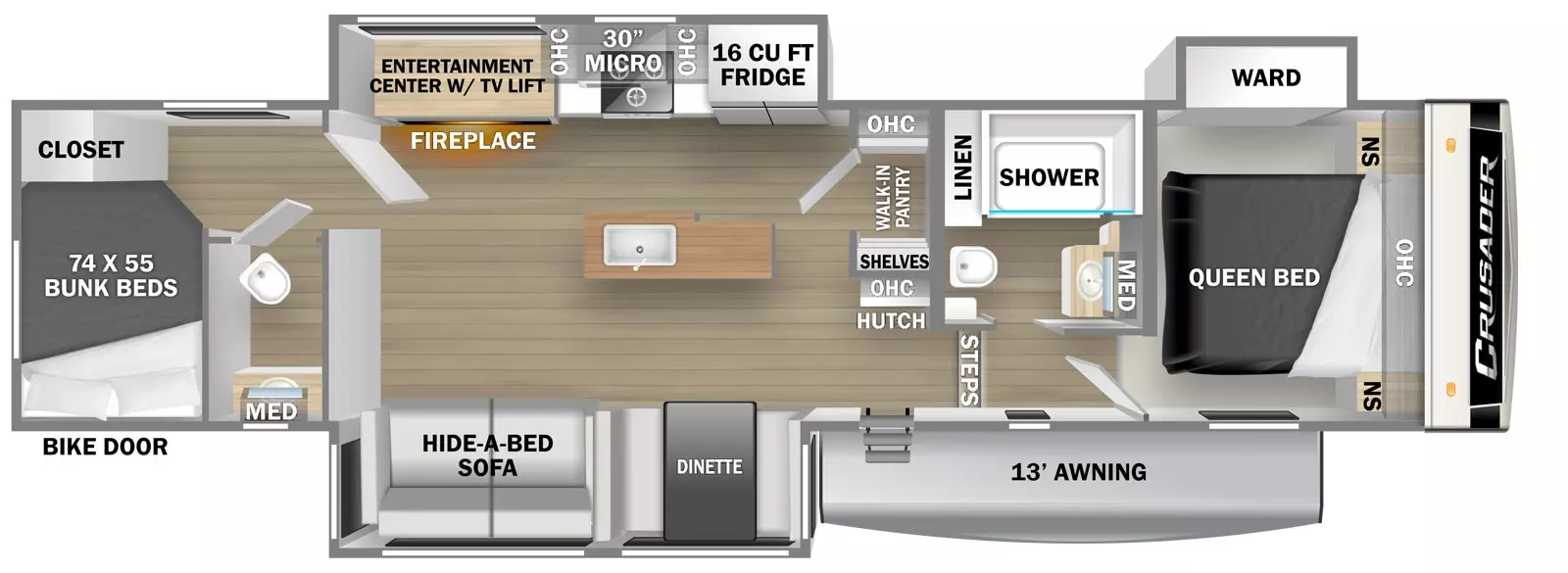 The 333BHT has three slideouts and one entry door. Exterior features a 13 foot awning. Interior layout front to back: front queen bed with overhead cabinets and night stands on each side, and and off-door side wardrobe slideout; off-door side bathroom with linen closet and medicine cabinet; two steps down to the entry door and living area; hutch, overhead cabinet, and walk-in pantry with shelves, overhead cabinet and counter along inner wall; off-door side slideout with 16 cubic foot refrigerator, overhead cabinets, microwave, cooktop, entertainment center with TV lift and fireplace below; door side slideout with table, chairs and storage ottoman, and theater seating; kitchen island with sink; rear bunk area with door side half bathroom, bunk beds and closet. Optional free-standing dinette available in place of table, chairs and storage ottoman.