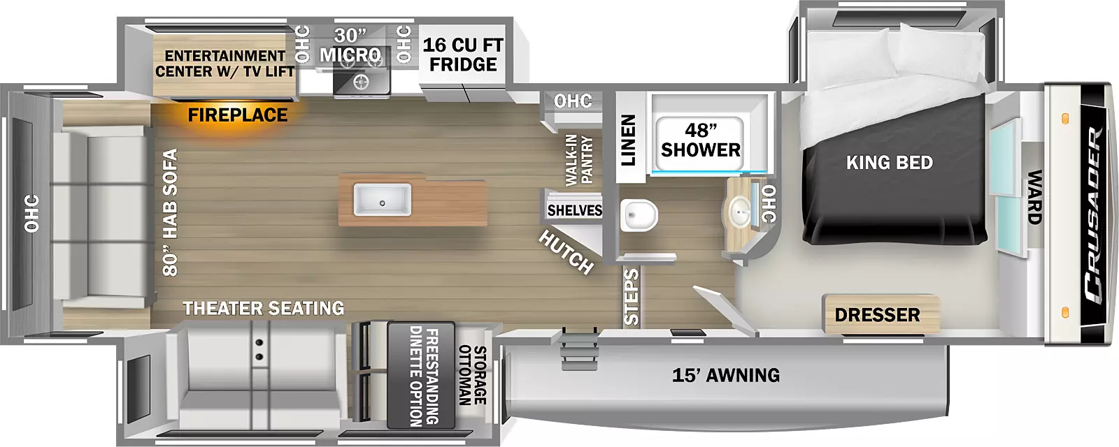 The Crusader 335RLP has a single entry door, 15' awning, and three slideouts, one on the door side and two on the off-door side. The front of the unit is a slideout bedroom with king bed, wardrobe, and dresser. The bedroom door leads to a hallway with two steps into the main living area. On the right side of the hallway is the bathroom with 48" shower, sink and medicine cabinet, linen closet, and commode. Standing at the base of the steps, there is a hutch to your right with shelves, a walk-in pantry, and overhead cabinets. There is a kitchen island with butcher block countertop and sink near the middle of the room. On the right is a slideout containing the kitchen and entertainment center with fireplace. The kitchen contains a 12 cubic foot refrigerator, stovetop with oven, 30" overhead microwave, and overhead cabinets. The entertainment center/fireplace faces the opposite wall. An 80" hide-a-bed sofa with overhead cabinets mounted above. The left wall of the unit is another slide room containing theater seating, a booth dinette with the option for a free-standing dinette, and storage ottoman.