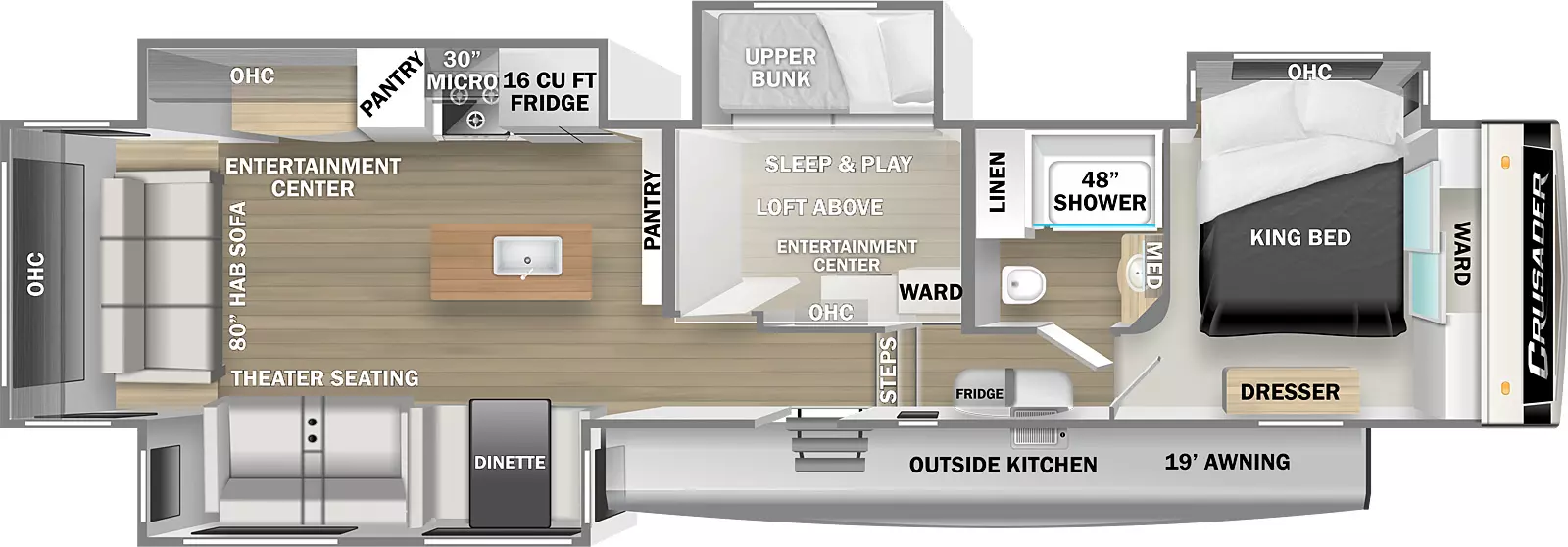 The Crusader 382MBH has a single entry door, a 19' awning, outdoor kitchen, and four slideouts, one on the door side and three on the off-door side. Inside the unit is a front bedroom with slideout, king bed, wardrobe closet, and dresser. The bedroom door opens to a hallway with two steps leading down into the main living area. On the right of the hallway is the bathroom with a 48" shower, linen closet, commode, and sink with medicine cabinet. Standing at the bottom of the steps and facing the rear, the hallway continues with a slideout containing a bunk room to your right. The bunk room has a power upper bunk with a sleep-and-play sofa beneath that converts to a bed. There is an entertainment center overhead cabinets, and wardrobe in the bunk room. There is a loft above the bunk room. Stepping into the main living area, there is a kitchen island with butcher block top and sink near the center of the room. On the right is a pantry that faces the rear of the RV. The right-hand wall is a slideout containing the kitchen and entertainment center. The kitchen contains a refrigerator, stovetop with oven, 30" overhead microwave, and overhead cabinets. The entertainment center faces the opposite wall. An 80" hide-a-bed sofa with overhead cabinets mounted above is located along the rear wall. The left wall of the unit is another slide room containing theater seating and a booth dinette.