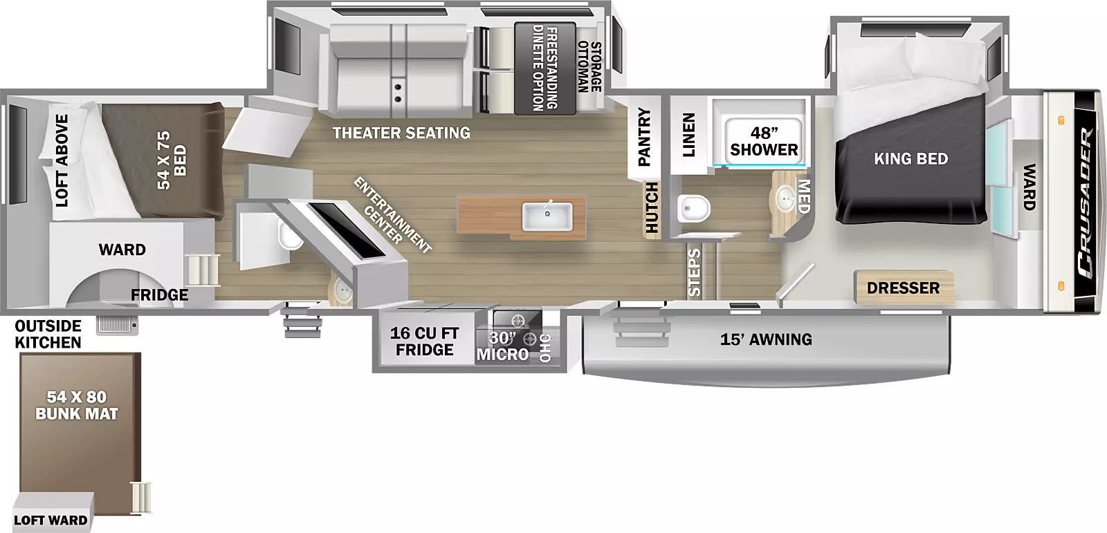 The Crusader 395BHL has two entry doors, a 15' awning, outside kitchen, and three slideouts, one on the door side and two on the off-door side. Inside the unit is a front bedroom with slideout, king bed, wardrobe closet, and dresser. The bedroom door opens to a hallway with two steps leading down into the main living area. On the right of the hallway is the bathroom with a 48" shower, linen closet, commode, and sink with medicine cabinet. Standing at the bottom of the steps and facing the rear, there is a hutch and pantry. Stepping into the main living area, there is a kitchen island with butcher block top and sink near the center of the room. The right-hand wall is a slideout containing a booth dinette with the option for a free-standing dinette, a storage ottoman, and theater seating. Across from the theater seating is an angled entertainment center that faces the opposite wall. The left wall is a kitchen slideout with cooktop and oven, 12 cubic foot refrigerator, and 30" microwave and cabinets mounted overhead. There is a doorway at the rear that opens into a bunk room with a half bath on the left. The bunk room holds a 54" x 75" bed and wardrobe. A ladder provides access to an overhead loft with a 54" x 80" bunk mat and wardrobe. 
