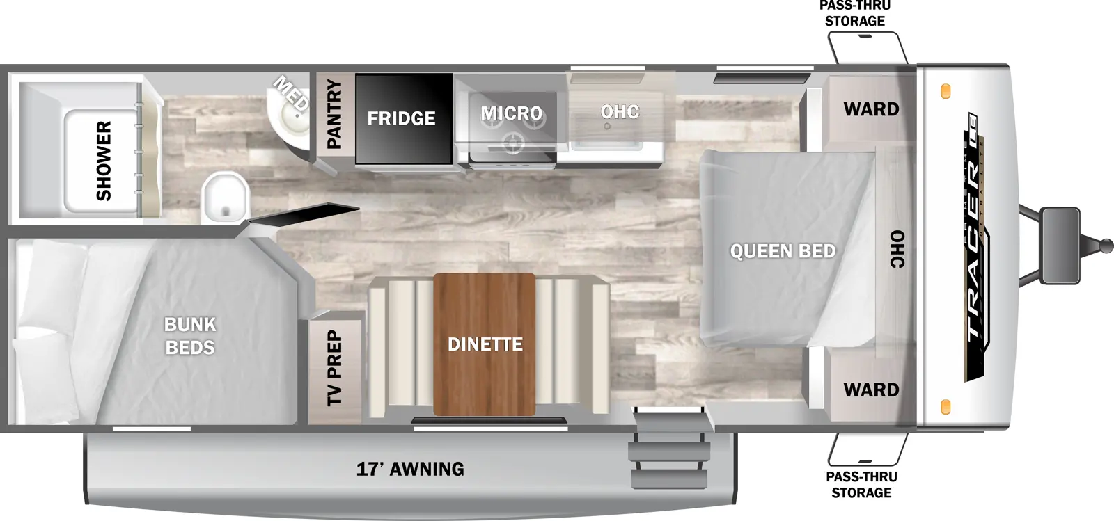 The 200BHSLE has zero slideouts and one entry. Exterior features a 17 foot awning. Interior layout front to back: foot-facing queen bed with overhead cabinet and wardrobes on each side; off-door side kitchen counter with sink, cooktop, overhead cabinet, microwave, refrigerator, and pantry; door side entry, dinette, and TV prep; rear off-door side full bathroom with medicine cabinet; rear door side bunk beds.