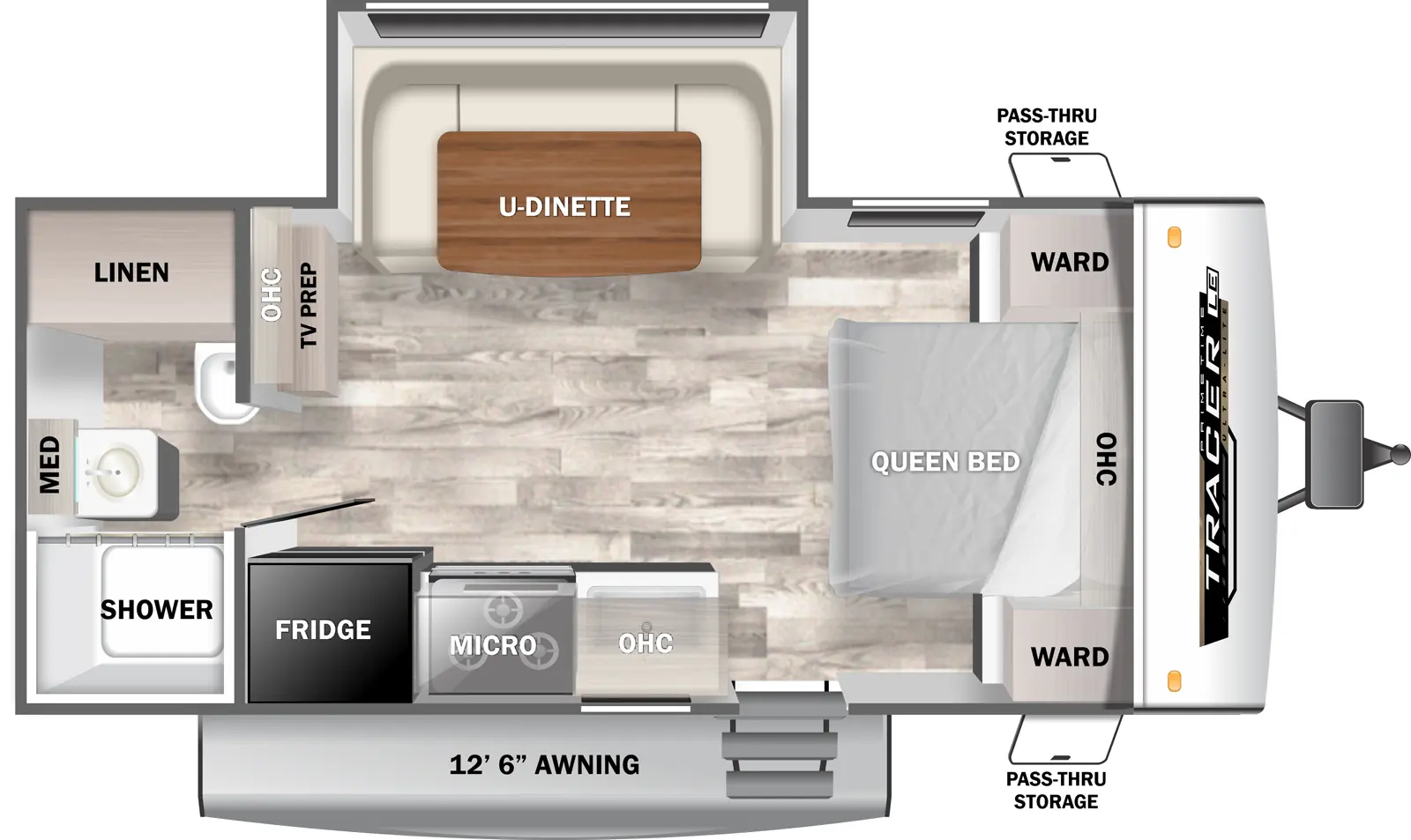 The Tracer 190RB floorplan has one entry and one slide out. Exterior features include: fiberglass exterior and 12'6" awning. Interiors features include: u-dinette, front bedroom and rear bathroom.