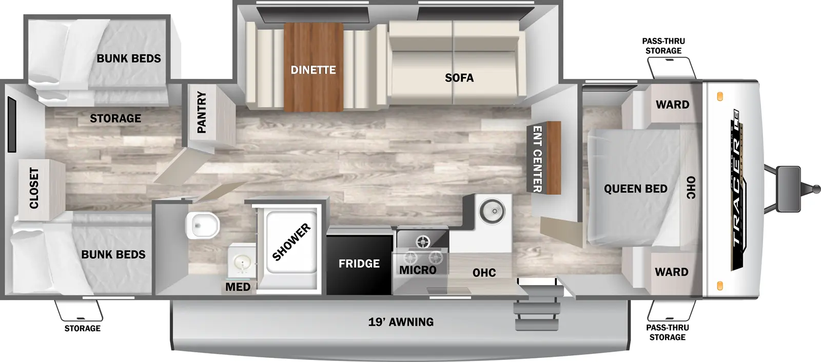 The Tracer 308BH floorplan has one entry and two slide outs. Exterior features include: fiberglass exterior and 19' awning. Interiors features include: bunk beds and front bedroom.