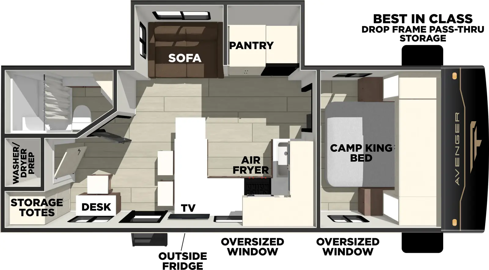 The Avenger 25MKO floorplan has one entry and one slide out. Exterior features include: metal exterior. Interiors features include: front bedroom.