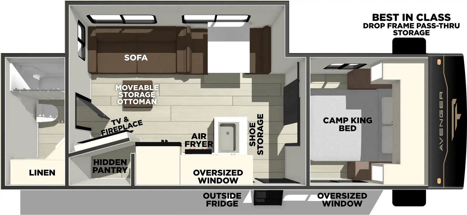 The Avenger 25RBS floorplan has one entry and one slide out. Exterior features include: metal exterior. Interiors features include: front bedroom and rear bathroom.
