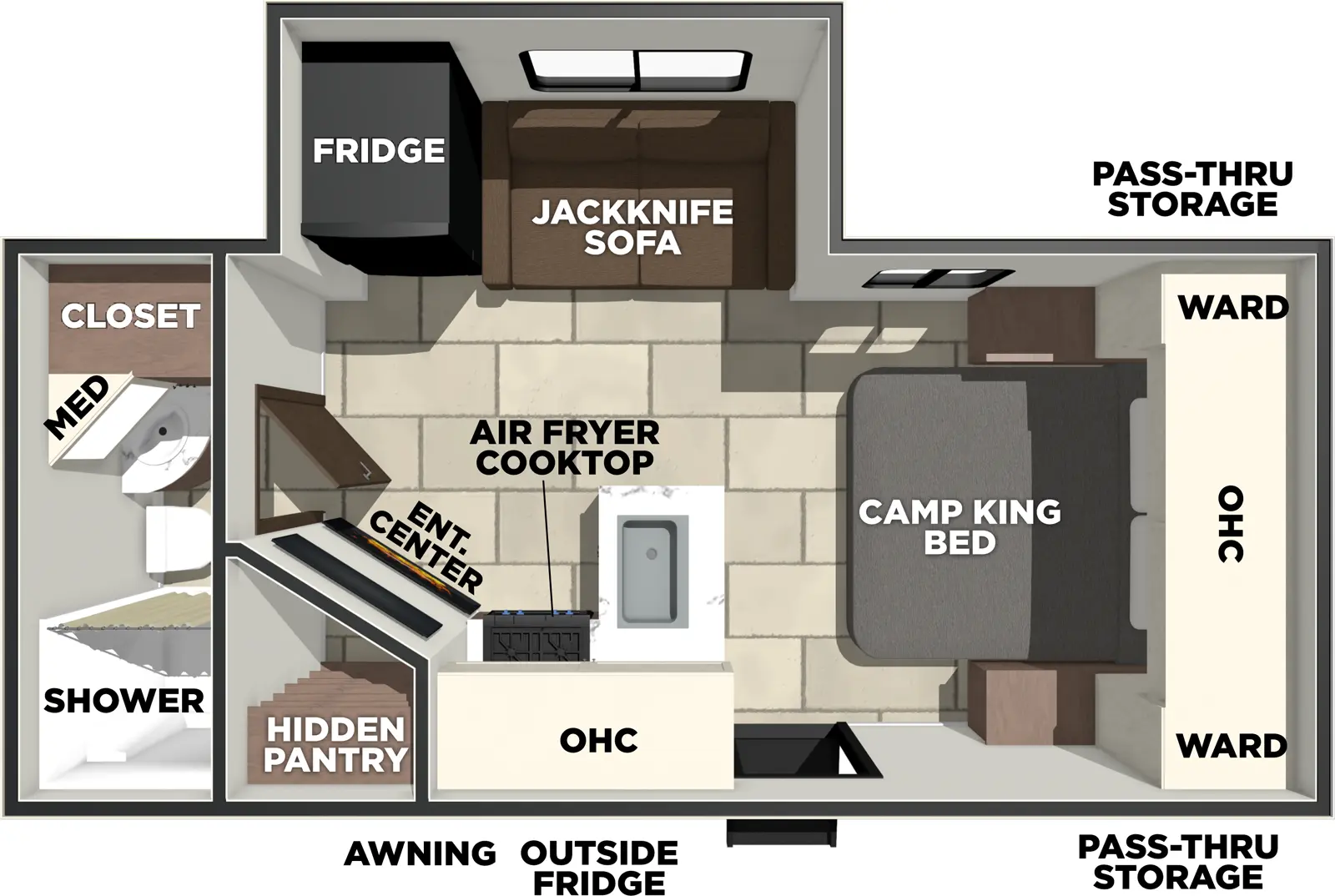The Tracer 195RB floorplan has one entry and one slide out. Exterior features include: fiberglass exterior and 12'6" awning. Interiors features include: front bedroom and rear bathroom.