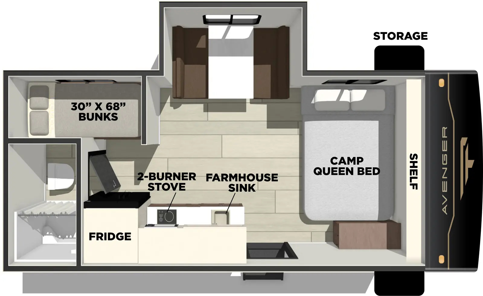 The Avenger 17BHS floorplan has one entry and one slide out. Exterior features include: metal exterior and 10' awning. Interiors features include: bunk beds and front bedroom.