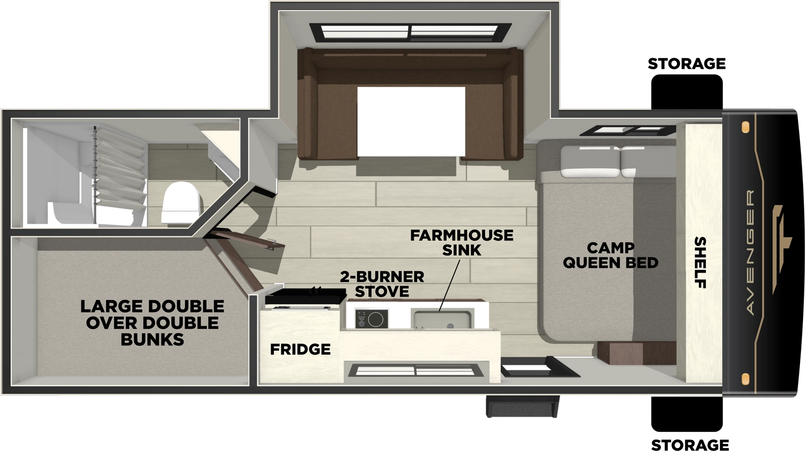 The Avenger 18DBS floorplan has one entry and one slide out. Exterior features include: metal exterior. Interiors features include: bunk beds, u-dinette and front bedroom.